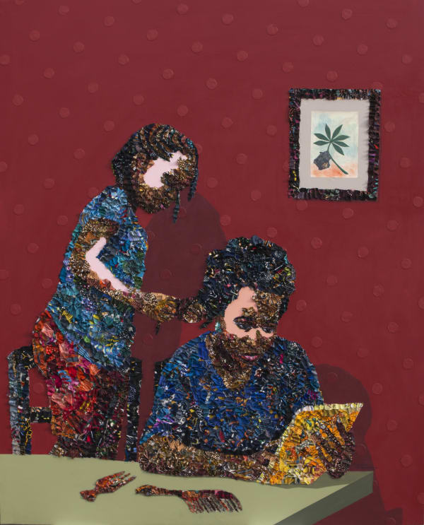 BEAUTY IN THE CUIRLS (KESIENA'S DIARY) FABRIC PAPER AND ACRYLIC ON CANVAS 60 X 48 INCHES 2021