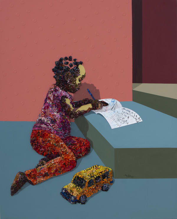 LETTERS AND DOODLES (KESIENA'S DIARY) FABRIC, PAPER AND ACRYLIC ON CANVAS 60 X 48 INCHES 2021