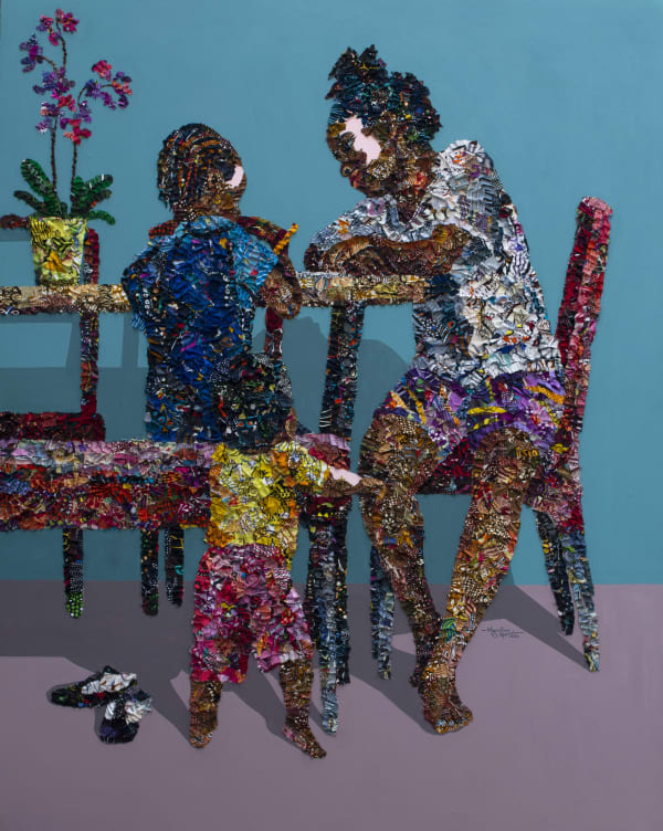 THE DINING TABLE (KESIENA'S DIARY) FABRIC, PAPER AND ACRYLIC ON CANVAS 77 X 60 INCHES 2021