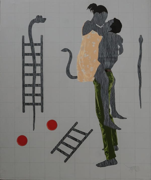 AMEH EGWUH LOVERS THE LIFT AND THE KISS 2023 ACRYLIC AND GRAPHITE ON CANVAS 60 X 72 INCHES