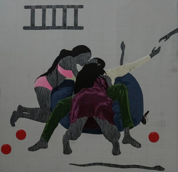 AMEH EGWUH LUST GREED OR DESIRE I STILL WANT MORE 2023 ACRYLIC AND GRAPHITE ON CANVAS 72 X 72 INCHES