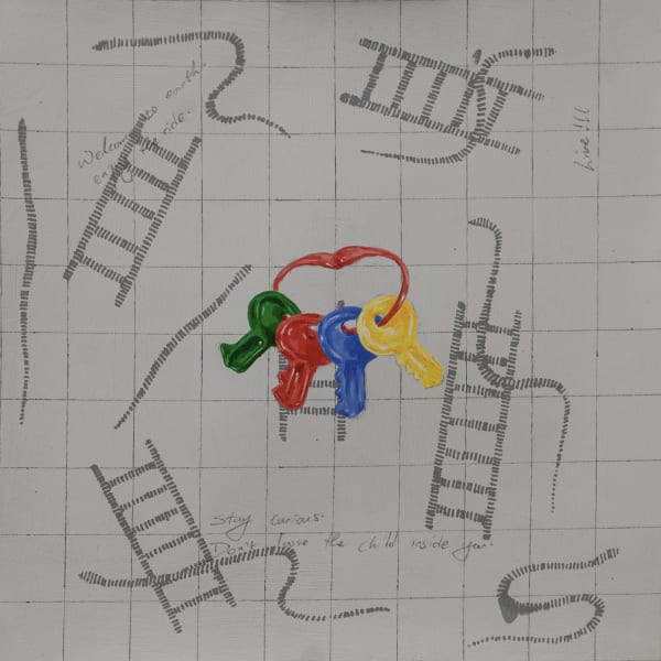 AMEH EGWUH OBJECT AND CONVERSATION I KEY TOY 2023 ACRYLIC AND GRAPHITE ON PAPER 12 X 12 INCHES