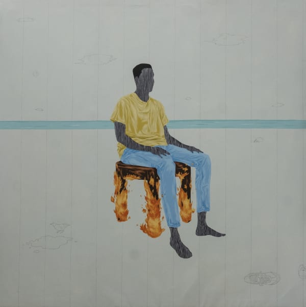 Ameh Egwuh Calm (Burning Chair) Acrylic and graphite on Canvas 72 x 72 Inches 2023