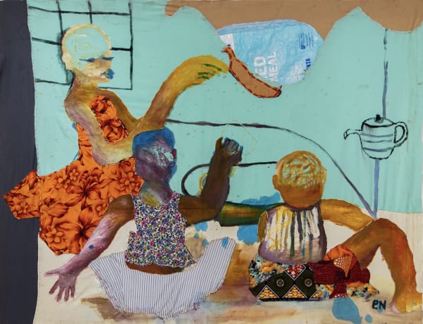 Progress Nyandoro Tose Acrylic paint, ink textiles, wool, sack 51 x 59 Inches 2022