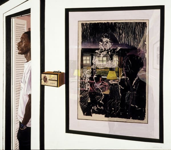 Painting depicting man standing in a door with a woodcut print on the wall