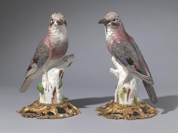 Pair of Ormolu mounted Meissen Porcelain Models of Jays, modelled by J. J. Kaendler, Circa 1745