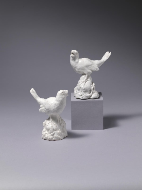 A rare naturalistic pair of Bow Cold Finches, Circa 1750-52