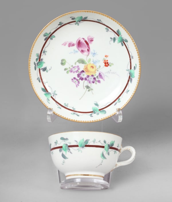 A First Period Dr. Wall Worcester Teacup and Saucer decorated in the London Atelier of James Giles, Circa 1770