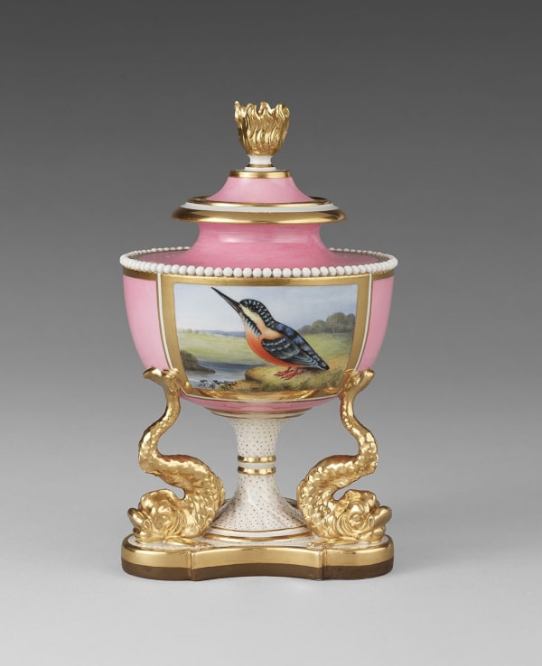 An extremely rare Flight Barr and Barr Worcester Triple Dolphin Vase and Cover, Circa 1815-20
