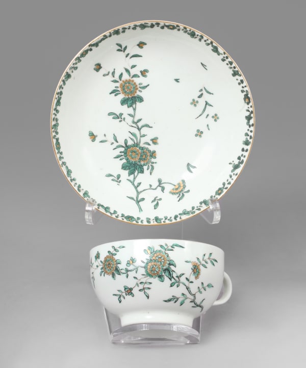 An extremely rare Dr Wall Worcester Teacup and Saucer decorated in the London Atelier of James Giles,, Circa 1765