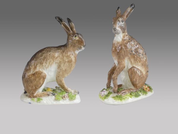 An Extremely Fine Pair of Meissen Hares, both animals beautifully modelled by J.J. Kaendler , Circa 1750