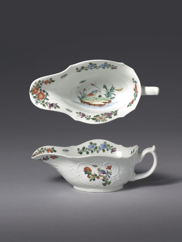 A very rare and Early Dr Wall Worcester Flat Bottomed Sauceboat, Circa 1753-54