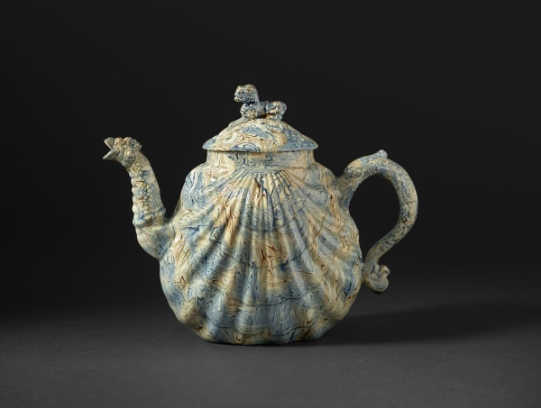 A very Fine and Large Staffordshire Agateware Pecten Shell Teapot and Cover, Circa 1740