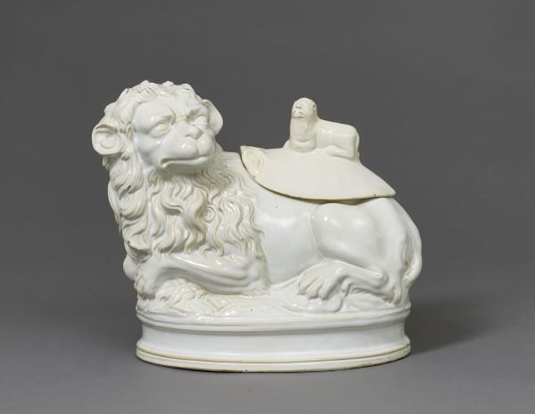 A Very Rare Alcora Faience Box and Cover Modelled as a Lion with Cub, Circa 1755-1800