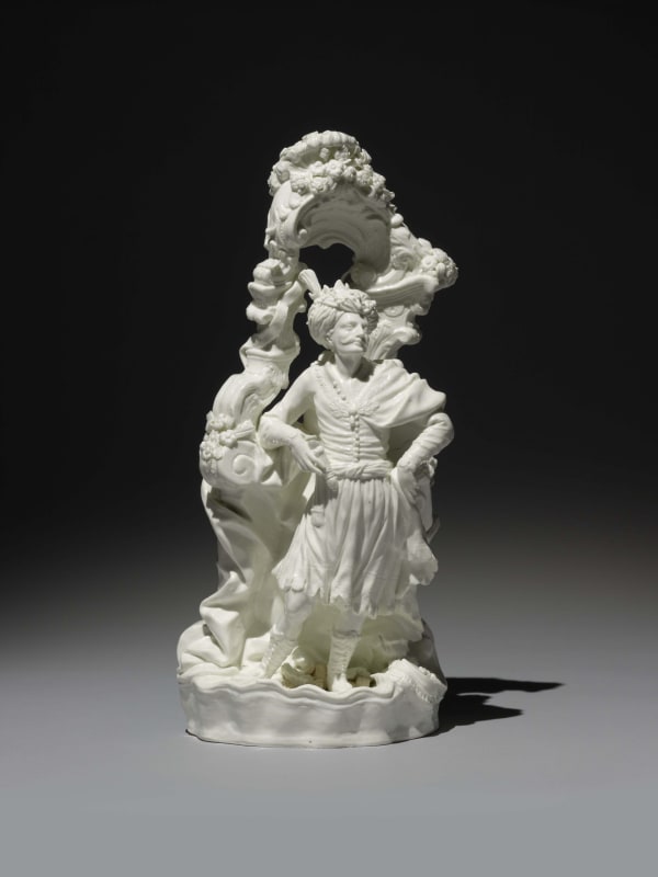 Spanish Alcora Porcelain Turk Gallant within an Arbour, Circa 1750-60