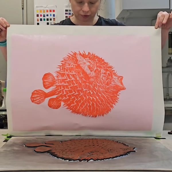 Bright blowfish art print in red on pink bby Nicola Wallis
