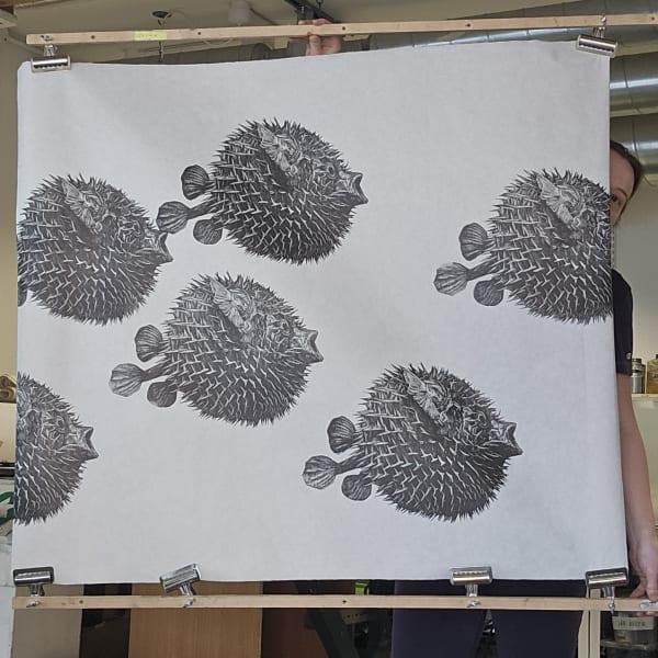Blowfishes linocut art print artwork