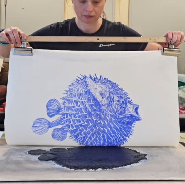 Bright blue blowfish linocut art print by Nicola Wallis