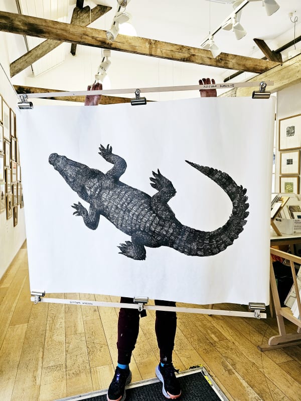 Crocodile linocut art print in black on a white background by Nicola Wallis