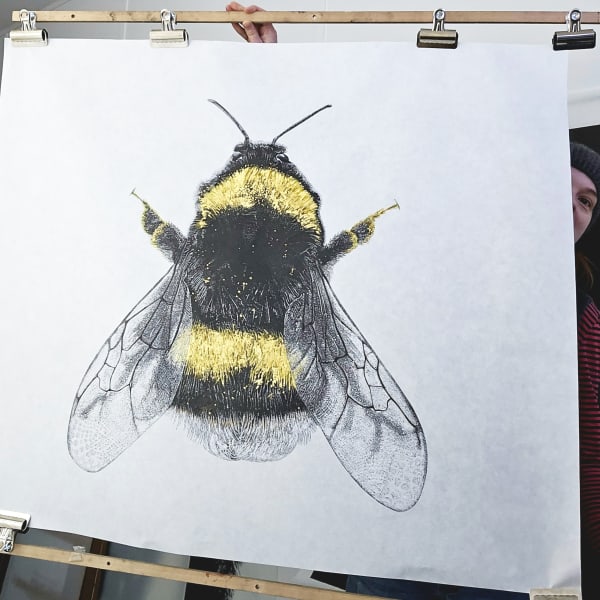 Bee linocut art print with gold leaf