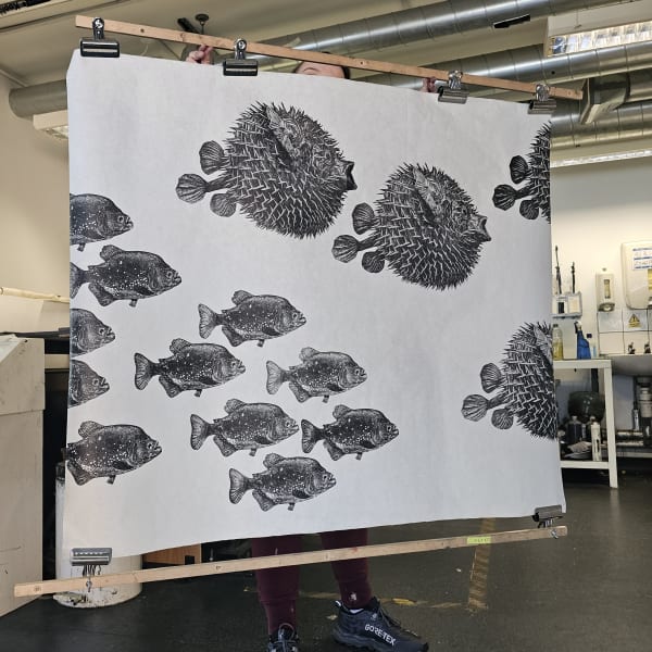 contemporary black and white art print of fish by Nicola Wallis