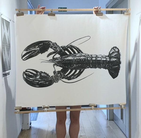 Maine Lobster linocut art print. Black on white by Niocla Wallis
