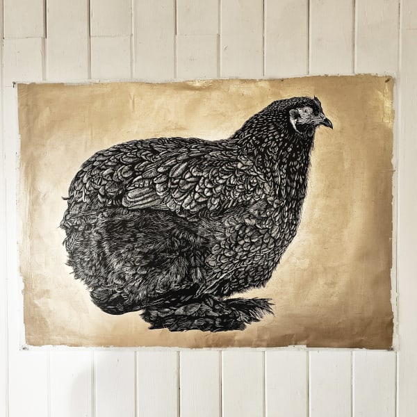 Contemporary linocut art print of a hen and gold leaf