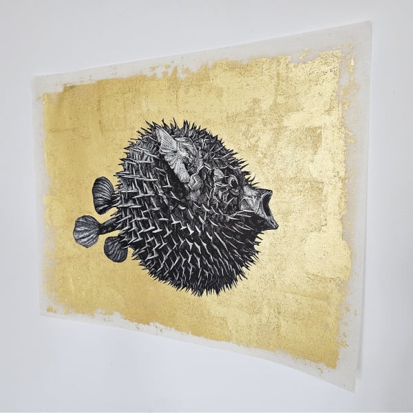 Blow fish linocut print with gold leaf