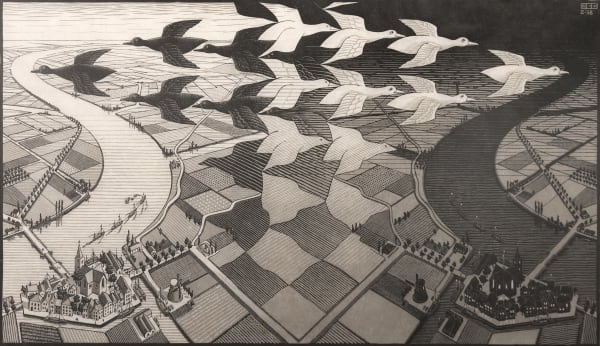 M.C. Escher (1898–1972) Day and Night, 1938 Woodcut on Japan paper Signed in pencil on recto; Initialed and dated in block; Annotated 'Eigen Druk' ('Printed by myself') in pencil on recto Image: 15 3/8 x 26 5/8 in (39.1 x 67.6 cm) Sheet: 19 1/4 x 31 1/4 in (48.9 x 79.4 cm)
