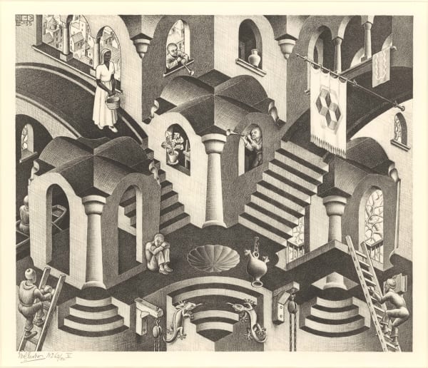 M.C. Escher (1898–1972) Convex and Concave, 1955 Lithograph Signed and numbered in pencil on recto; Initialed and dated in block Image: 10 3/4 x 13 1/4 in (27.3 x 33.7 cm) Sheet: 16 5/8 x 18 9/16 in (42.2 x 47.1 cm) Edition 62/80 V