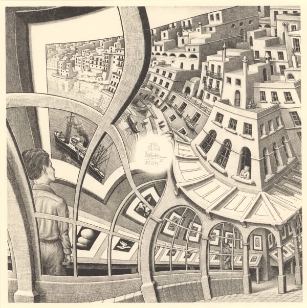 M.C. Escher (1898–1972) Print Gallery, 1956 Lithograph Signed, dated, and numbered in pencil in middle of print Image: 12 1/2 x 12 1/2 in (31.8 x 31.8 cm) Sheet: 16 1/4 x 15 7/8 in (38.7 x 40.3 cm) Edition 5/47 II and V-'56, with monogram