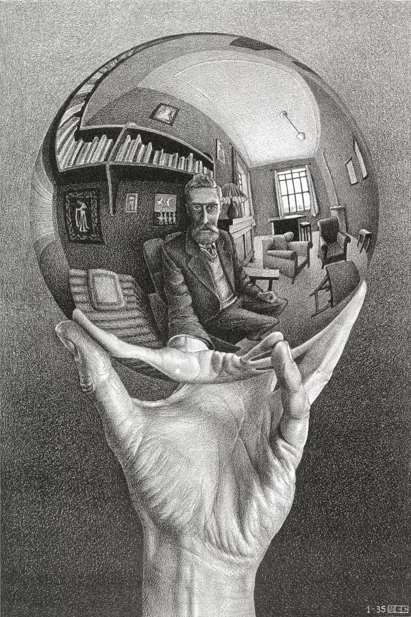M.C. Escher (1898–1972) Hand with Reflecting Sphere, 1935 Lithograph on silver paper Signed and annotated in pencil on recto Image: 12 1/2 x 8 3/8 in (31.7 x 21.3 cm) Sheet: 16 13/16 x 12 1/2 in (42.7 x 31.7 cm)