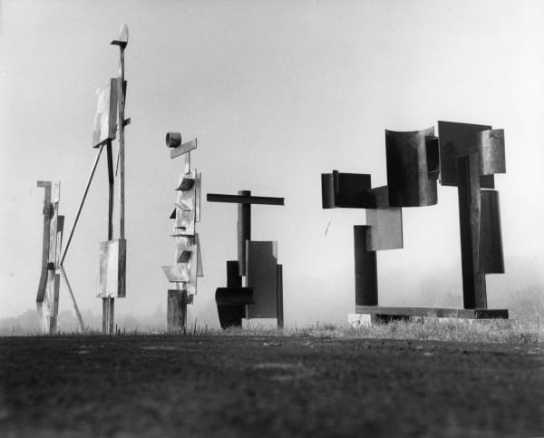 David Smith (1906-1965) March Sentinel, Two Box Structure, Two Circle Sentinel, Zig II, Zig III, 1961 Gelatin silver print, printed c. 1961 Signed and sculptures identified and annotated "5 from group of 10 in 1 man Carnegie Pittsburgh show" by the artist on verso 8 x 10 in (20.3 x 25.4 cm)