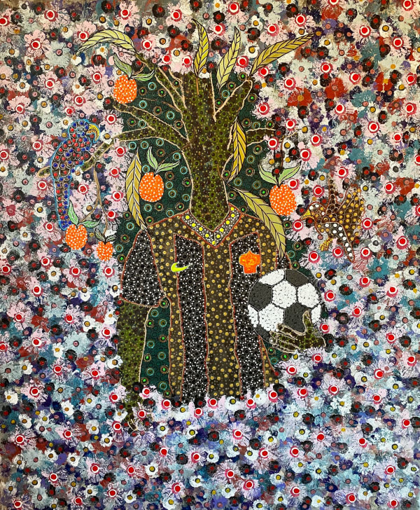 Painting on canvas by Ousmane Niang show a football player with a tree face. Untitled Art Miami. AFIKARIS Gallery