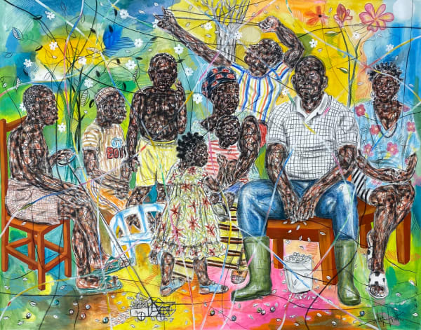 La famille réunie, pastel and acrylic on canvas by Cameroonian artist Salifou Lindou. AFIKARIS at miart art fair Milano Italy