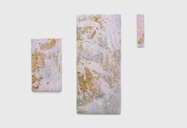 Rindon Johnson Freya alone knows, the fate of men, and the fates of women, she tells to none, 2023 leather, bleach, coffee, pastel, colored pencil, crayon, goughe, ink, and house paint (from left to right) 117 x 67 cm; 218.5 x 97 cm; 71.5 x 15.5 cm / 46 1/16 x 26 3/8 inches; 86 1/32 x 38 3/16 inches; 28 3/16 x 6 1/8 inches