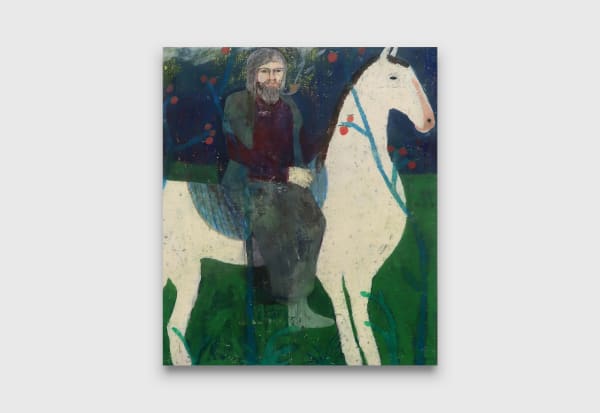 Justin Williams Oswald on white horse, 2020 oil on canvas 142.5 x 123.5 cm 56 3/32 x 48 5/8 inches