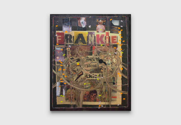 Nicholas Cheveldave BYOB - Binge Dreamer III, 2017 photo-laminate, acrylic, paper, hemp, friendship bracelets on canvas 110 x 93 cm 43 1/4 x 36 5/8 in