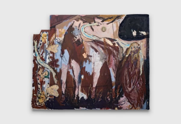 Renée Estée Carry Home (I saw houses in the river, I saw fields on fire, I saw the end once more), 2023 oil paint, oil bar, fabric pearl appliqué, gold leaf, lace trim, found fabric, charcoal, found object, collaged canvas on canvas 182.5 x 222 cm 71 7/8 x 87 3/8 in