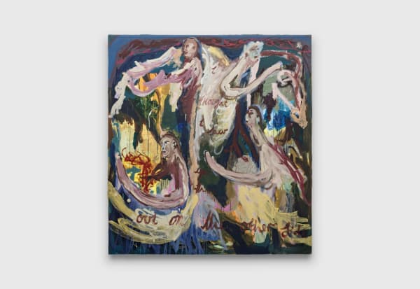 Renée Estée I thought I saw you there, out on the other side, 2023 oil paint, oil bar, collaged canvas, glitter on canvas 161.5 x 150 cm 63 9/16 x 59 1/16 inches