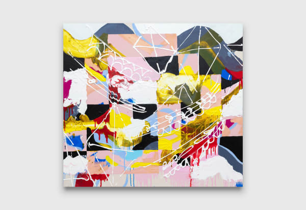 Tala Worrell Los Feliz to Malibu, Kites, 2024 oil, Flashe, and nigella seed on canvas 108 x 117 cm 42 1/2 x 46 in