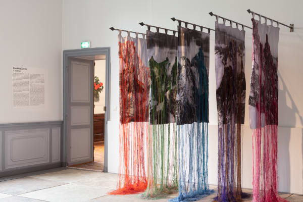 Haut est leur chef et haut est mon désir, 2023. Drapeaux de satin, fil, mâts en métal brossé, 250 x 500 x 150 cm Domaine départemental de Chamarande