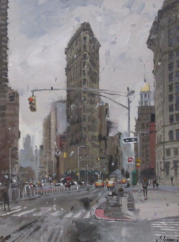 Nick Grove RSMA The Flatiron from 5th Avenue Oil on board 12 x 16 "