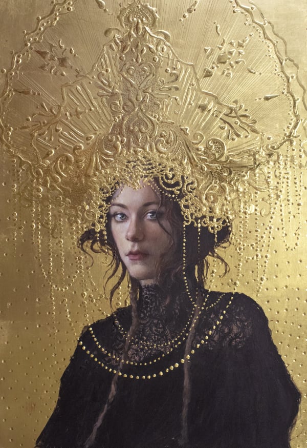 Stephanie Rew Ice Blue Gaze Egg tempera and 24ct gold leaf on panel 18 x 12 " 46 x 30 cm