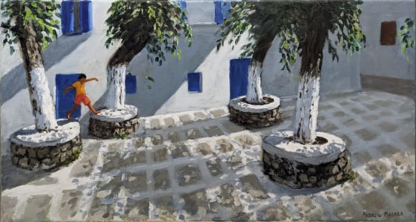 Andrew Macara RBA NEAC Four Trees, Mykanos Town, Greece Oil on linen canvas 16 x 30 "