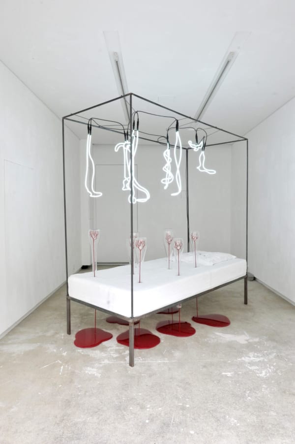 Tombée dans le Dissumba (ou Le lit des Visions), 2013 Métal, néon, verre (verre soufflé, verre étiré, verre froid), textile
