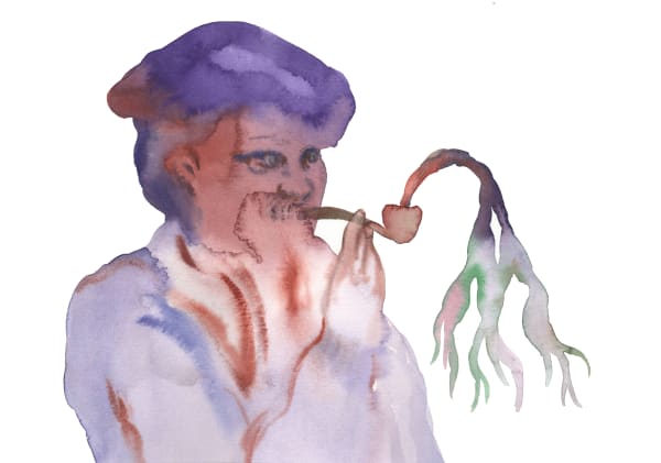 Makiko Furuichi, Fumeur, 2022, aquarelle sur papier, cadre blanc, 21 x 29.7 cm