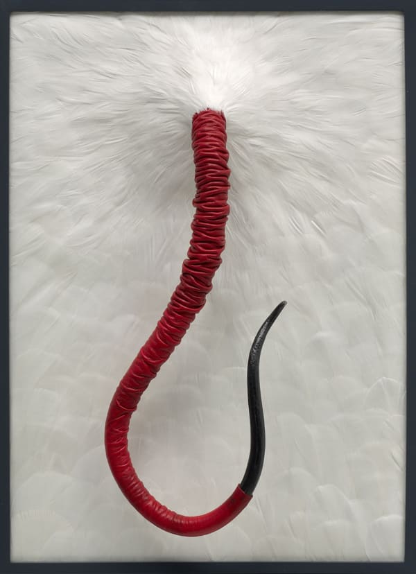 Kate MccGwire, FLICK, 2024, technique mixte avec plumes d'oie, cuir de chevreau et fer forgé dans un cadre, 41.4 x 30.4 x 19.3 cm