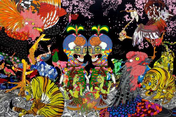 Keiichi Tanaami Jakuchu – Magnificent Flowers and Birds, 2015 Acrylic paint, glass, silk screen, digital pigment on canvas Triptych: 200 × 300 cm