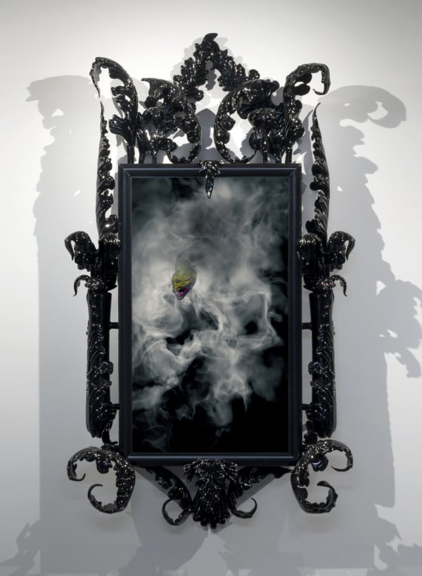 Mat Collishaw Black Mirror 'Nothing More Certain', 2016 Black Murano Glass, Hard Drive, Lacquer, LCD Screen, Steel, Surveillance Mirror, Wood 260 x 160 x 40 cm